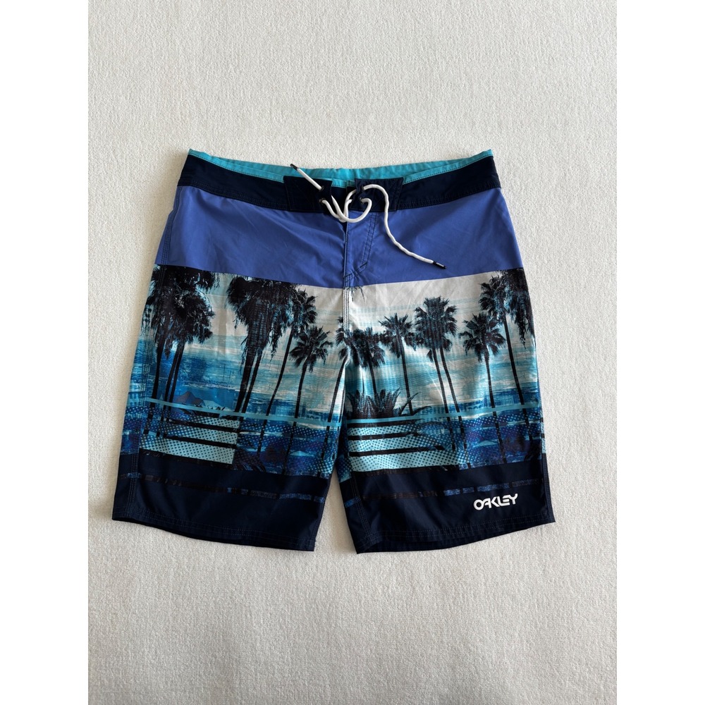 Oakley Board Shorts Mens 34 Blue Palm Tree Tropical Performance Fit Swim Trunks